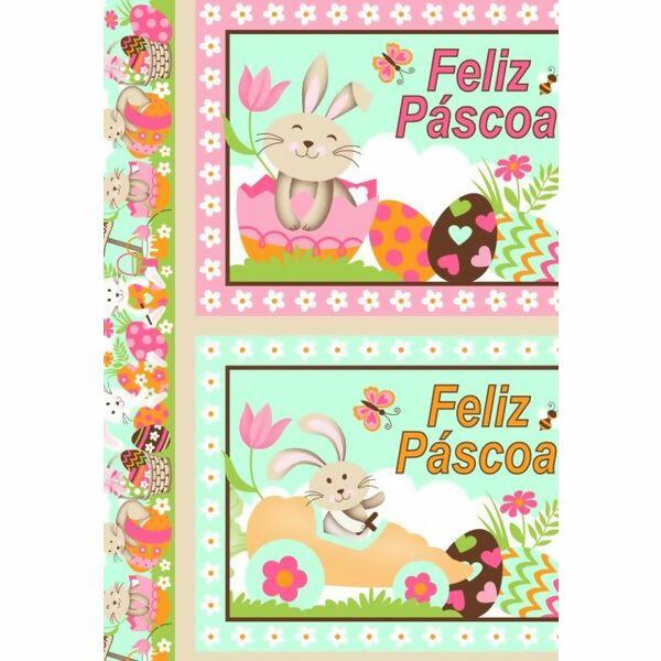 Tecido Coelho Feliz Pascoa Fundo Verde Agua Metro Tricolandia