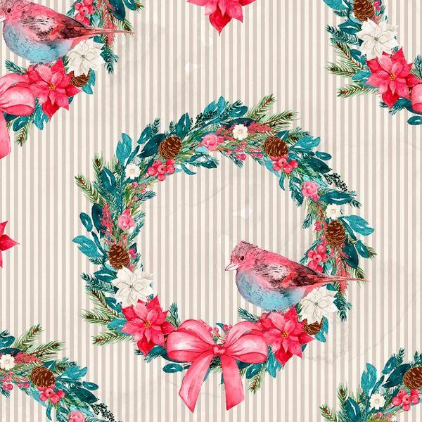 Tecido Tricoline Digital Natal Guirlanda Pássaros Rosa