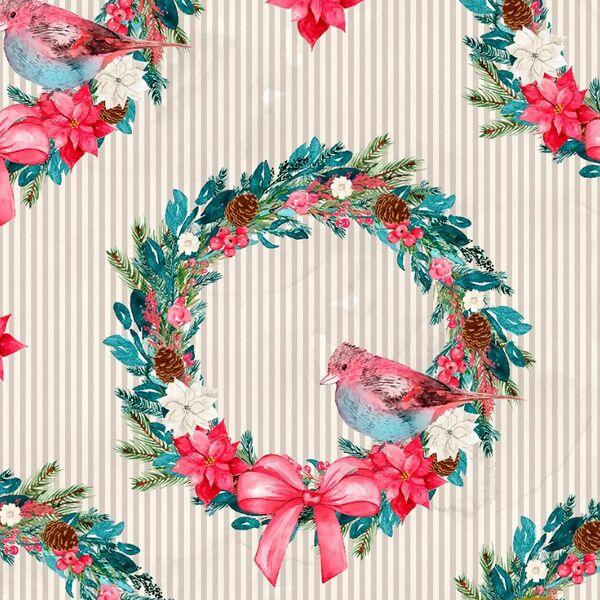 Tecido Tricoline Digital Natal Guirlanda Pássaros Rosa Tecido Tricoline Digital Natal Guirlanda Pássaros Rosa