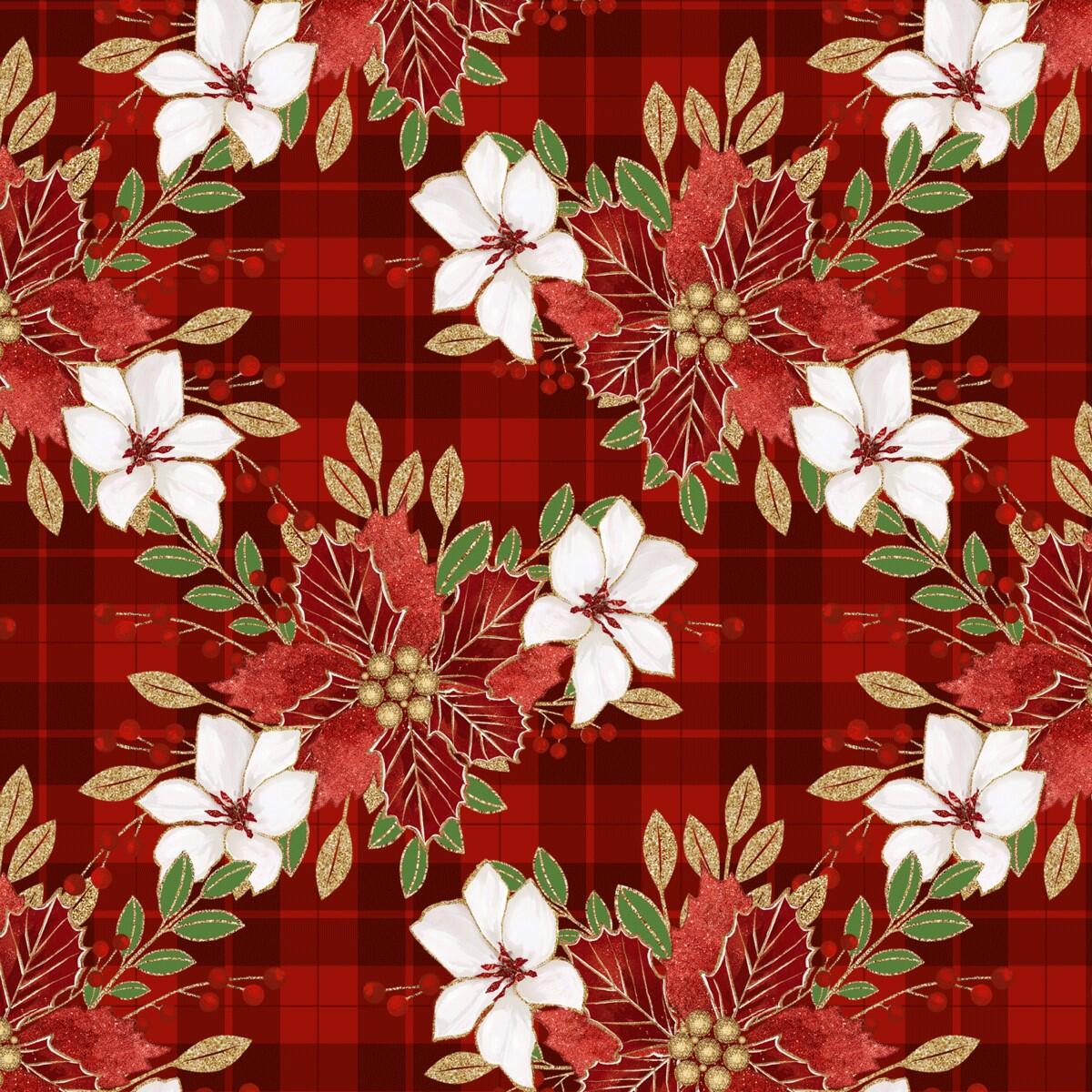 Tecido Tricoline Natal Floral Fundo Xadrez Vermelho 50 cmX1,50mt
