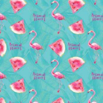 Tecido Tricoline Digital Flamingo e Melancia Fundo Tiffany